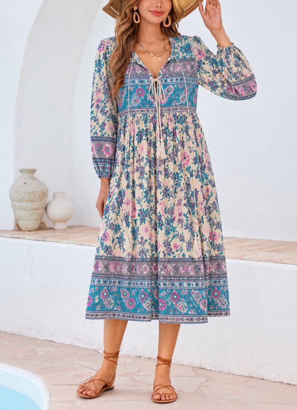 R.Vivimos Floral Boho Peasant Dress Blue Pink Ivory XL 16/18